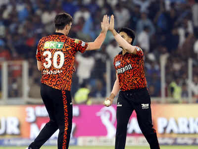 Ahmedabad May 02 ANI Sunrisers Hyderabads captain with a teammate celebra