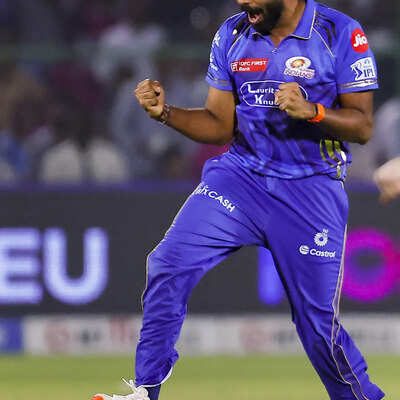 Jaipur Mumbai Indians Jasprit Bumrah celebrates the wicket of Rajasthan Royals
