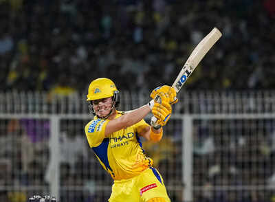 Kolkata Chennai Super Kings Dewald Brevis plays a shot during an Indian Premie