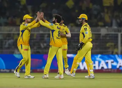 Kolkata Chennai Super Kings Ravindra Jadeja celebrates with teammates after ta