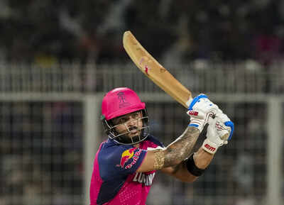 Kolkata Rajasthan Royals batter Riyan Parag plays a shot during the Indian Prem